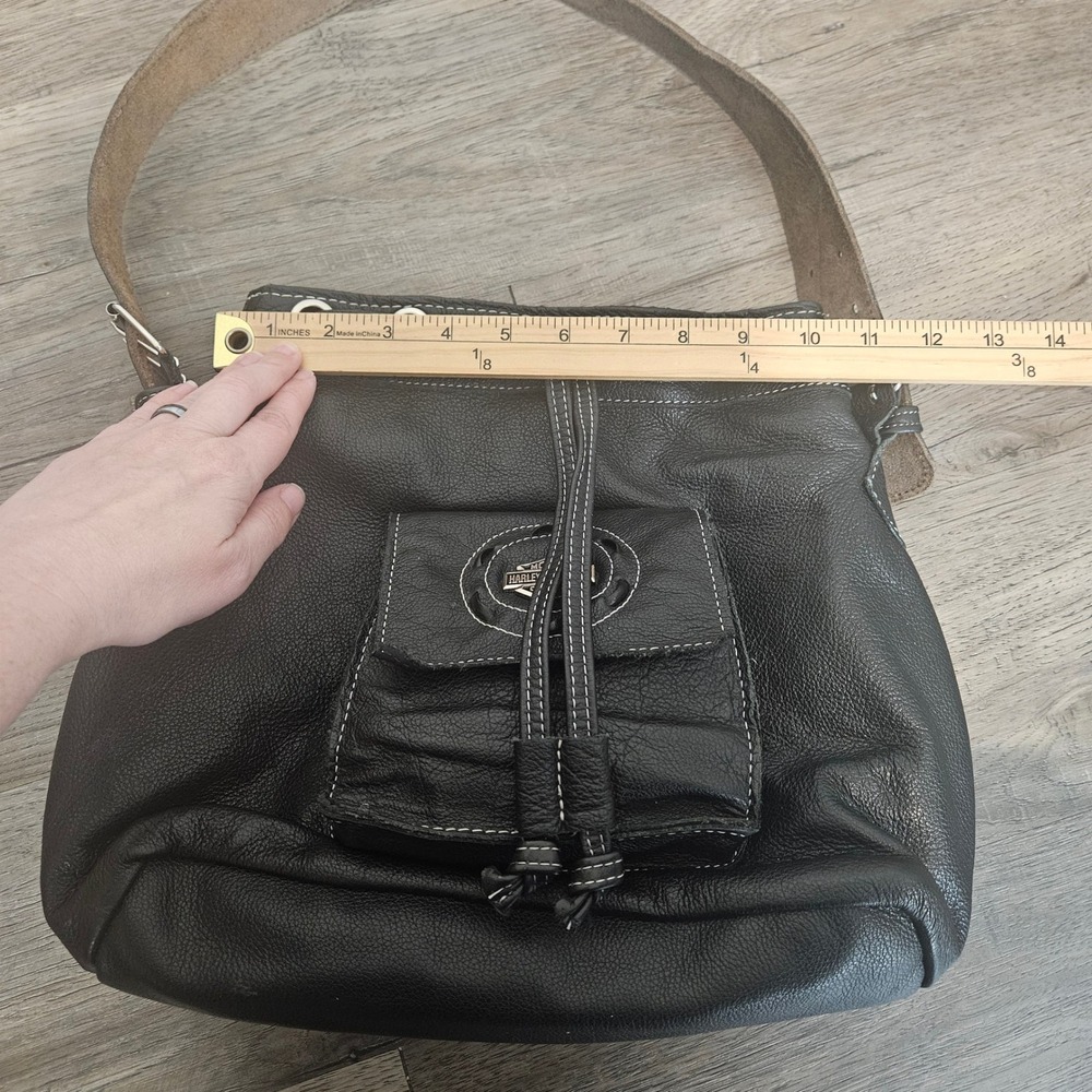 Harley-Davidson Black Pebbled Leather Bucket Bag Drawstring Shoulder Purse - Picture 5 of 7